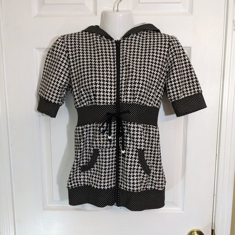 L.A. Kitty Black White Zip Front Hooded Kangaroo Pockets Jacket - size S